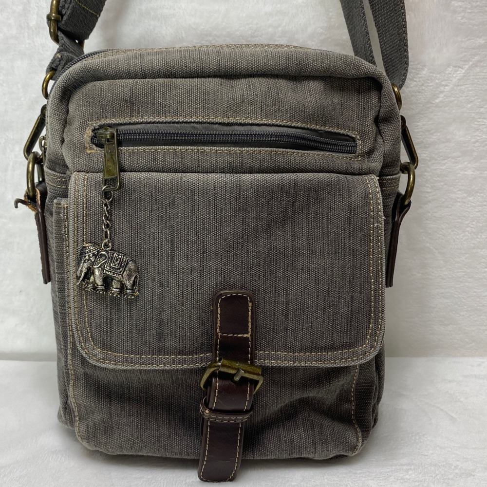 Cargoit Gray Canvas Crossbody Bag Elephant Charm Adjustable Strap Travel‎